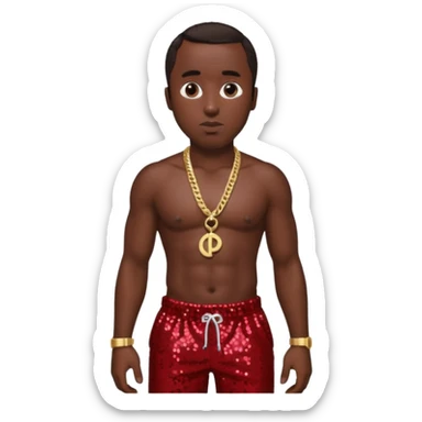 P Diddy with dark brown hair, dark red sequin baggy pants, shirtless with necklace sticker