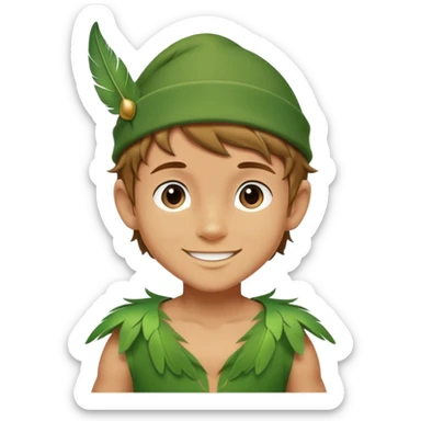 Cinematic Realistic Peter Pan Portrait, depicted with lifelike, youthful skin touched by a gentle sun-kissed glow. His bright, expressive eyes and confident smile evoke a timeless sense of wonder. Dressed in his iconic green tunic and feathered cap, every detail is rendered with soft, natural lighting that highlights his blend of innocence and courageous spirit. sticker