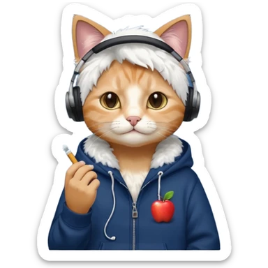 cat in headphones, in a dark-blue almost black oversized hoodie with a cigarette in his hand, more apple-like emoji  sticker