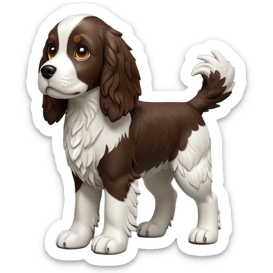 cinematic-[Springer Spaniel]-realistic-full-body-standing-emoji,-tail-resting-loosely-beside-its-paws,-head-tilted-dramatically, -scruffy-[brown and white]-fur,-simplified-yet-realistic-focused-features,-highly-detailed,-glowing-with-an-almost-sarcastic-glow sticker