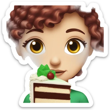 a white girl with burgundy wavy hair and black eyeliner and green eyeseating a huge piece of chocolate cake  sticker