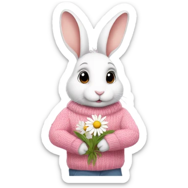 Rabbit is holding daisy and wearing pink sweater sticker