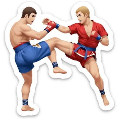 An icon symbolizing Sambo, featuring two fighters in blue and red kimonos with shorts and wrestling shoes. One executes a powerful throw, while the other attempts a defensive grab. The fighters are engaged in a grapple, using joint locks and sweeps.  sticker