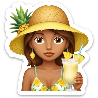 Very tan skinned girl with brown hair wearing a summer outfit sipping a piña colada sticker