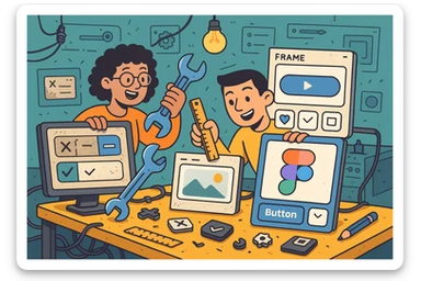 A creative repair lab scene with two designers: one with curly hair, one with short dark hair. They are playfully fixing old, messy UI components using a wrench, ruler, and Figma interface elements. The environment is clever and chaotic, showing the transformation of legacy UI into something beautiful. sticker