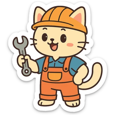 anime style cat worker wearing an orange helmet sticker