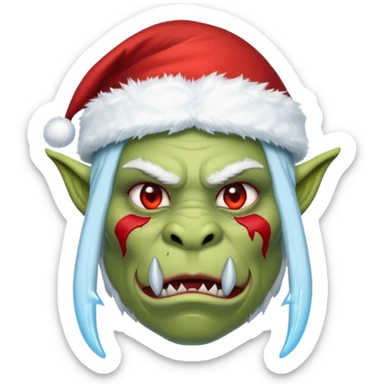 Fantasy orc emoji portrait, Santa Claus hat stretched around tusks, tusks covered with ice and crimson frost cracks, cold predator expression, winter hunt atmosphere, minimal clean emoji design, female variant
 sticker
