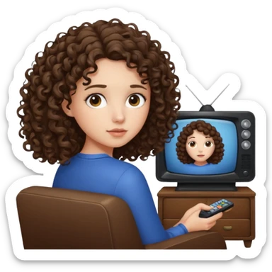 A girl, brunette with curly hair down to her shoulders, watching TV.  sticker