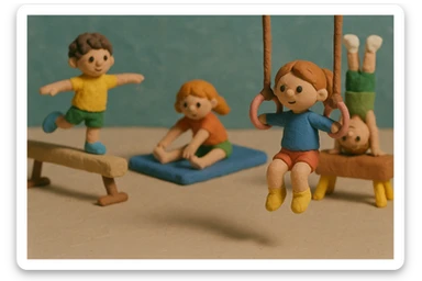Kids doing gymnastics, matte, plasticine claymation with visible fingerprints and pastel colors. sticker