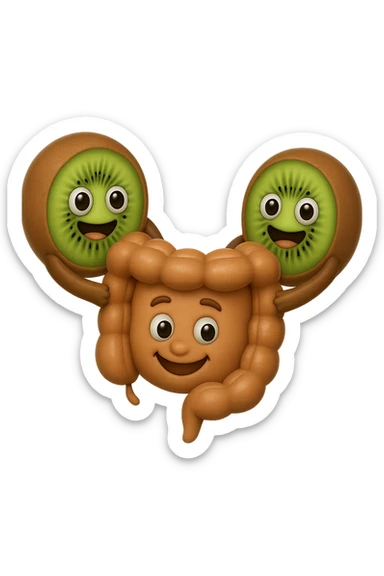 emoji stile iphone di kiwi fluttuano in aria tenendo in mano un pezzo di colon con espressione felice in volto, iperrealistico 4k sticker