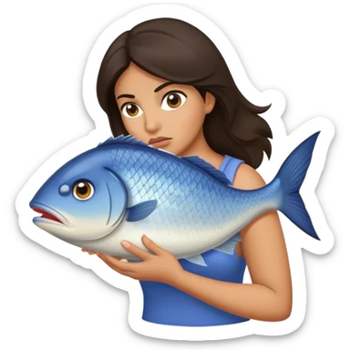 Annoyed Brunette Woman carries huge fish sticker