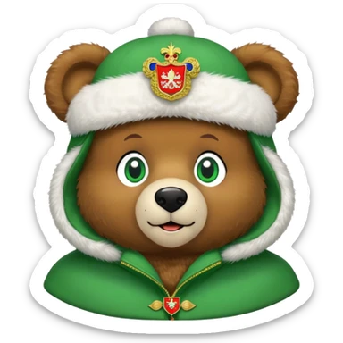 Sweet brown teddy bear face with friendly expression and bright green eyes, snow white furry ushanka hat with detailed Russian Federation coat of arms, iOS emoji style sticker