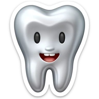 human tooth emoji, smooth chrome ceramic-metal texture, clean medical luxury aesthetic, isolated on white sticker