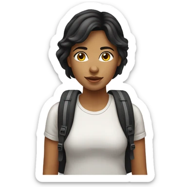 female white, black haired studet wit backpack sticker