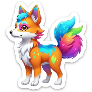 Vibrant multicolored neon-colored Falvie-Fionbri-creature-sparkle-dog-fursona, full body sticker