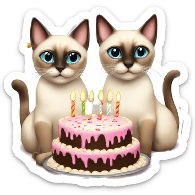 two siamese cats at a birthday party eating cake sticker