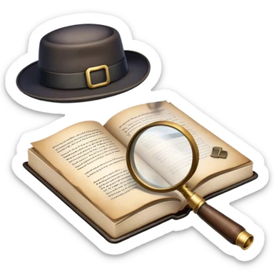 Icon for Detective Reading: an open book with text and a magnifying glass, a detective’s hat and a notebook with clues, surrounded by dark shadows and mysterious elements like footprints and a smoking pipe. Transparent background. sticker