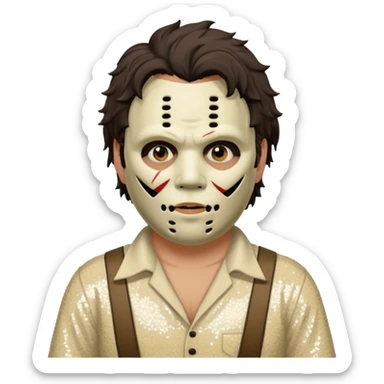 Leatherface with tan mask with dark brown hair, ivory sequin outfit  sticker