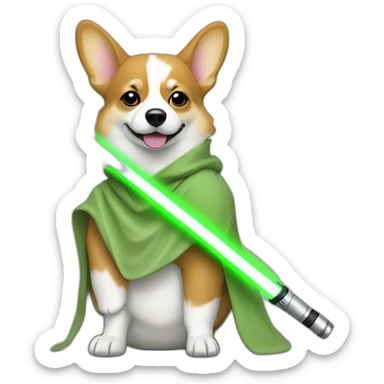 Corgi dress as yoda with one light saber green sticker
