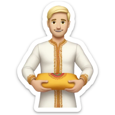 white man holding a pillow, weaing indian festival outfit with sleeves sticker