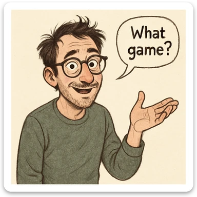 a quirky man with a curious look, gesturing with his hand as if asking about the game, friendly and animated sticker
