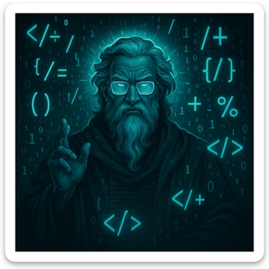 a powerful and wise code geek master god with glasses, surrounded by code symbols, digital and futuristic style sticker