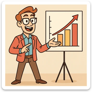 an articulate marketer, presenting a chart, smart-casual clothing, persuasive, energetic, vibrant colors sticker