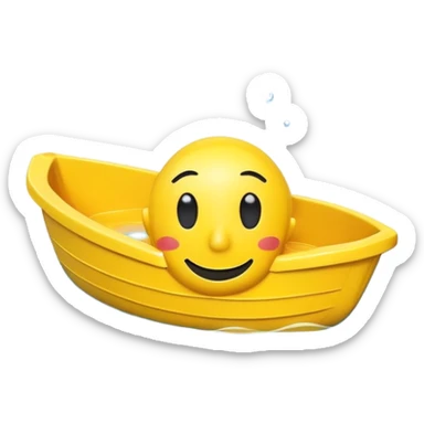 A yellow plastic toy bath boat with a big happy smiling face on the front sticker