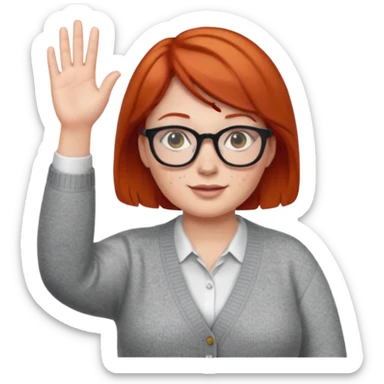 plump female teacher with short red hair, glasses, freckles, waving sticker