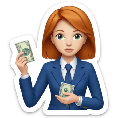 ginger hair Woman wearing blue suit holding dolar sticker
