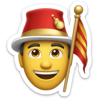 Create a strong man emoji with a confident smile, in red and gold, sporting a New Year's hat and waving a small flag. sticker