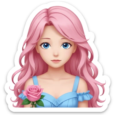Gorgeous pastel anime lady with roses in long hair and pink dress with blue eyes sticker