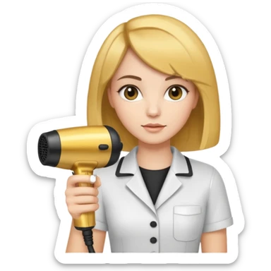 brunette bob girl hair stylist holding a golden hair dryer sticker