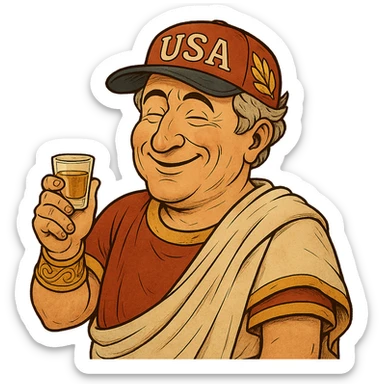 Используя такую стилистику сгенерируй довольного Императора Цезаря с кепкой USA на голове и держащего в руках стопку текилы, прозрачный фон sticker