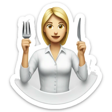 a woman with a fork and knife in hands; white plate near sticker