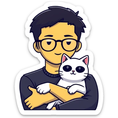 A young man with a long face and warm yellow-toned skin, black hair, wearing a pair of black glasses, cradling a grayish-white cat sticker
