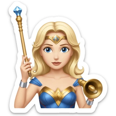 Blonde blue eyed Wonder Woman holding white orchestra conductor’s baton and bell sticker