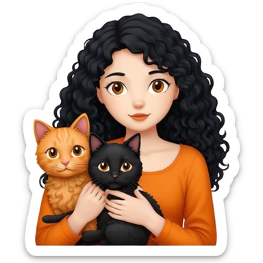 A girl with long black hair is holding a black cat, an orange cat and a curly-haired dog sticker