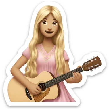 Hippie Girl with long blonde hair and bangs, wearing a baby pink long dress, playing acoustic guitar  sticker