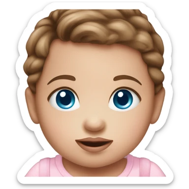 Adorable baby girl in pink cradle with brown hair and blue eyes and a pink pacifier sticker