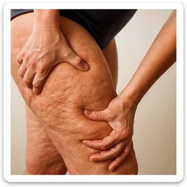 Hyperrealistic style, detail of swollen legs with orange peel skin, hand squeezing the skin, realistic anatomical details, 4K quality. Variant 3. sticker