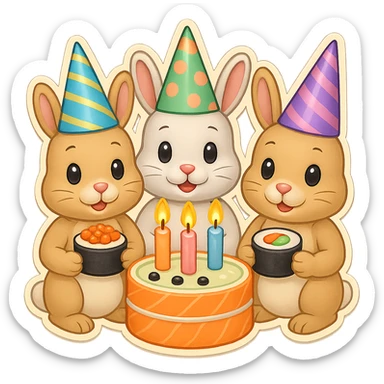 Add a fourth bunny so there are four bunnies together, all clearly visible, eating sushi at a birthday party, pastel colors, cute, festive emoji style, preserve the background transparency. sticker
