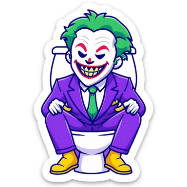 Joker villain sitting on toilet laughing maniacally, green hair, purple suit sticker