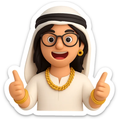 Edit the blond guy with mid-length hair, black glasses, wearing gold jewelry in Dubai style. Make him energetic with no background. sticker