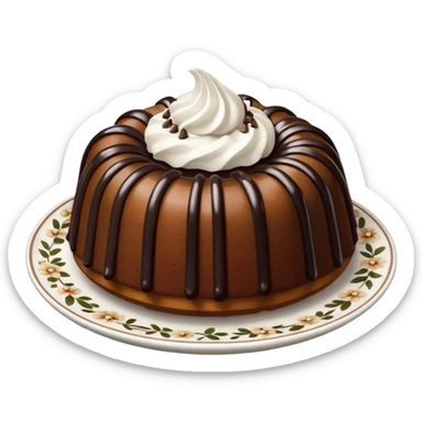 Bundt cake with chocolate sauce and whipped cream and chocolate sprinkles on a white and brown floral plate sticker