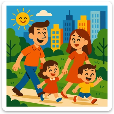 cartoon family walking in a city park, tall buildings in the background, vibrant colors, vibrant toon style sticker
