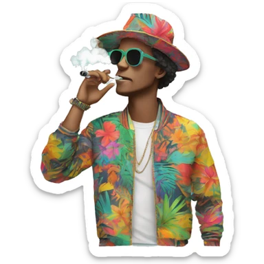 Person vaping wearing a colourful vibrant tropical patchwork of intricate vintage patterns, vape sticker