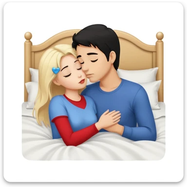 Naked man, black hair, kissing naked Woman, blonde hair, bed,  sticker