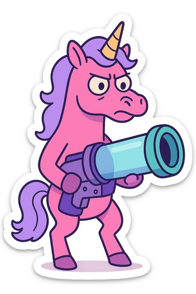 neon pink unicorn with a glass cannon, stylized, cartoonish, bold colors sticker