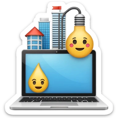 Emoji de una agencia creativa: edificio moderno pequeño con laptop y bombilla de ideas, estilo emoji minimalista, colores planos, líneas limpias, aspecto profesional y amigable, fondo transparente. sticker